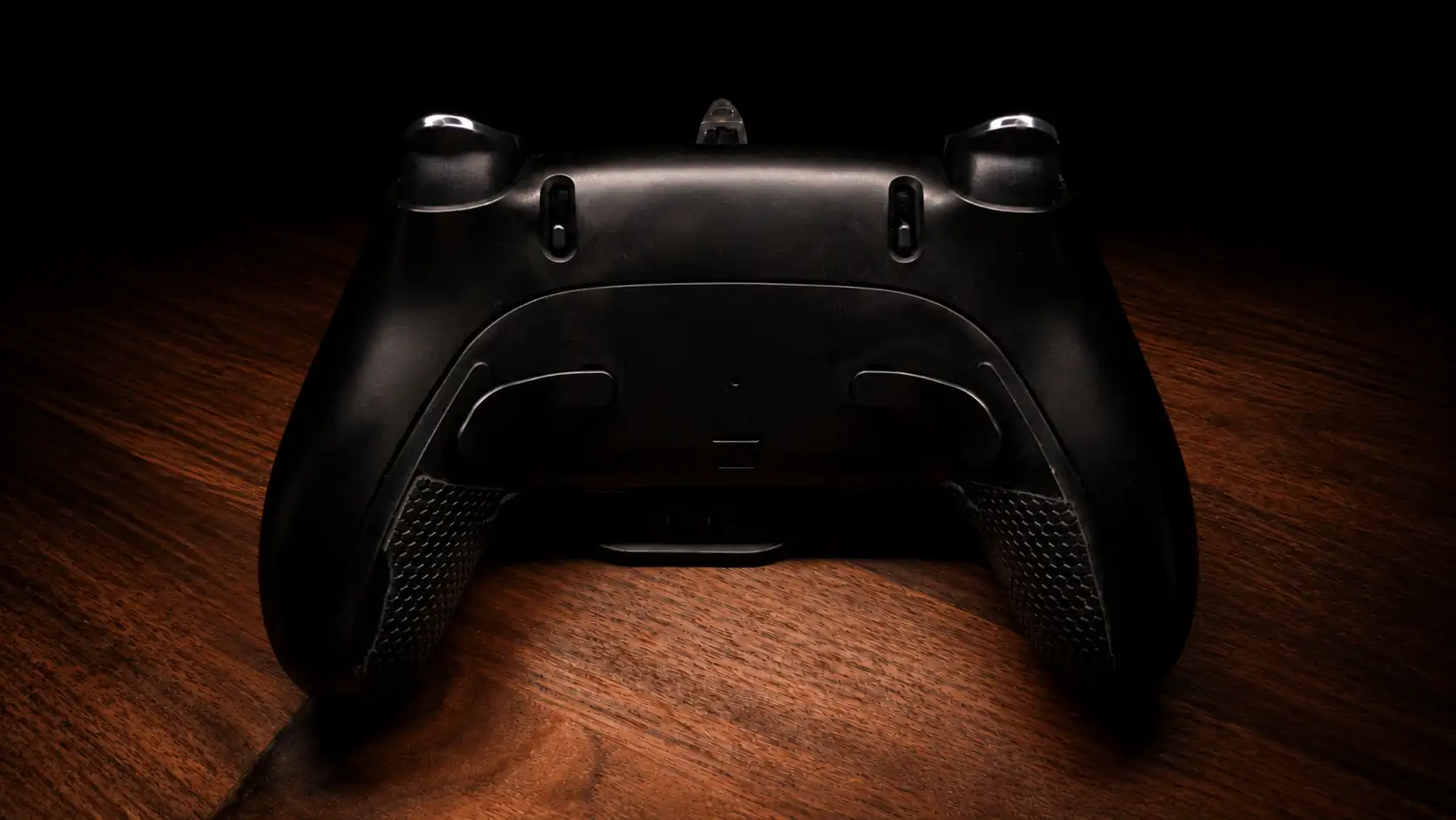 Custom houten controller build, achterzijde met paddles